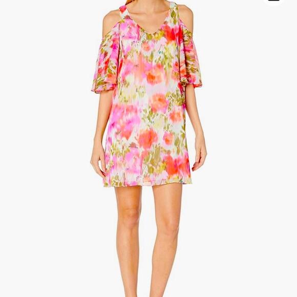 Maggy London Brushed Flower Printed Chiffon with Cold Shoulder Short Sleeve EUC - Picture 1 of 14